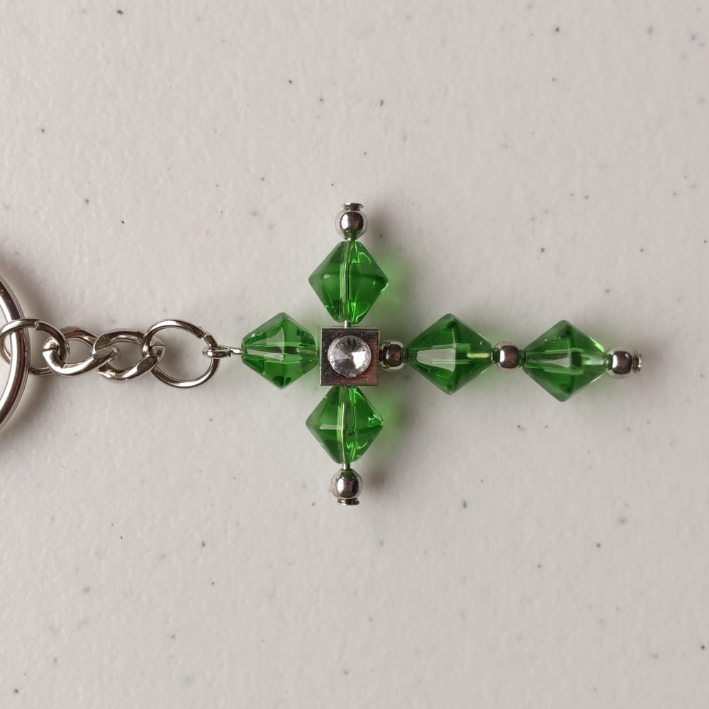 European Crystal Green Christian Faith Cross Keychain NWT